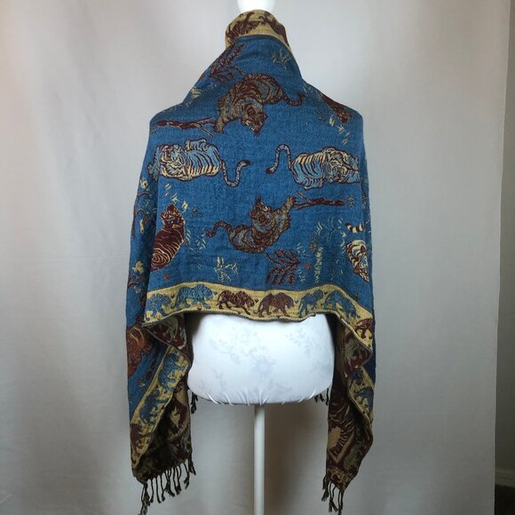 Vintage Wildlife Jacquard Pashmina-Style Shawl – Tigers, Elephants & Birds – Rev - Picture 6 of 16